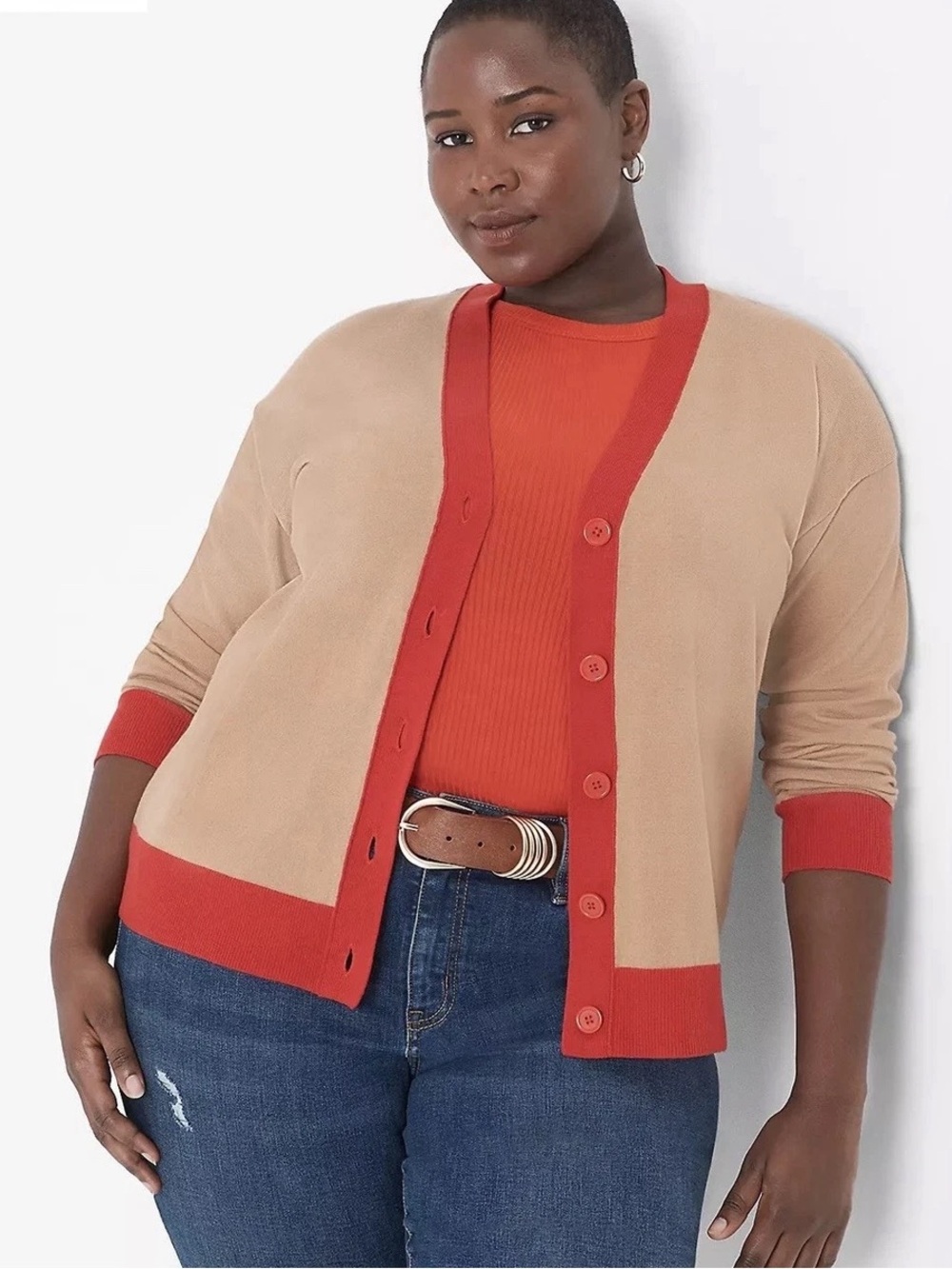 Lane Bryant Tan Cardigan with Red Trim